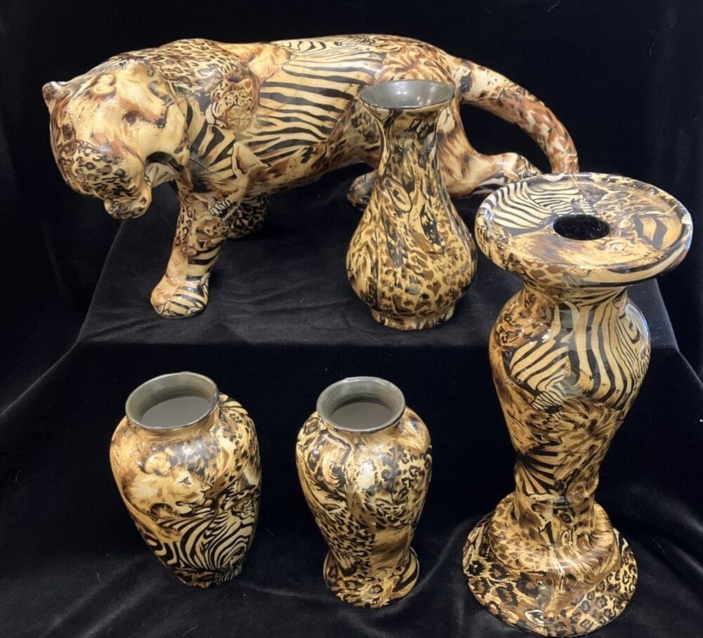 Lot of 5 La Vie African Animal Safari Decor Figurine Vase & Candle Pedestal